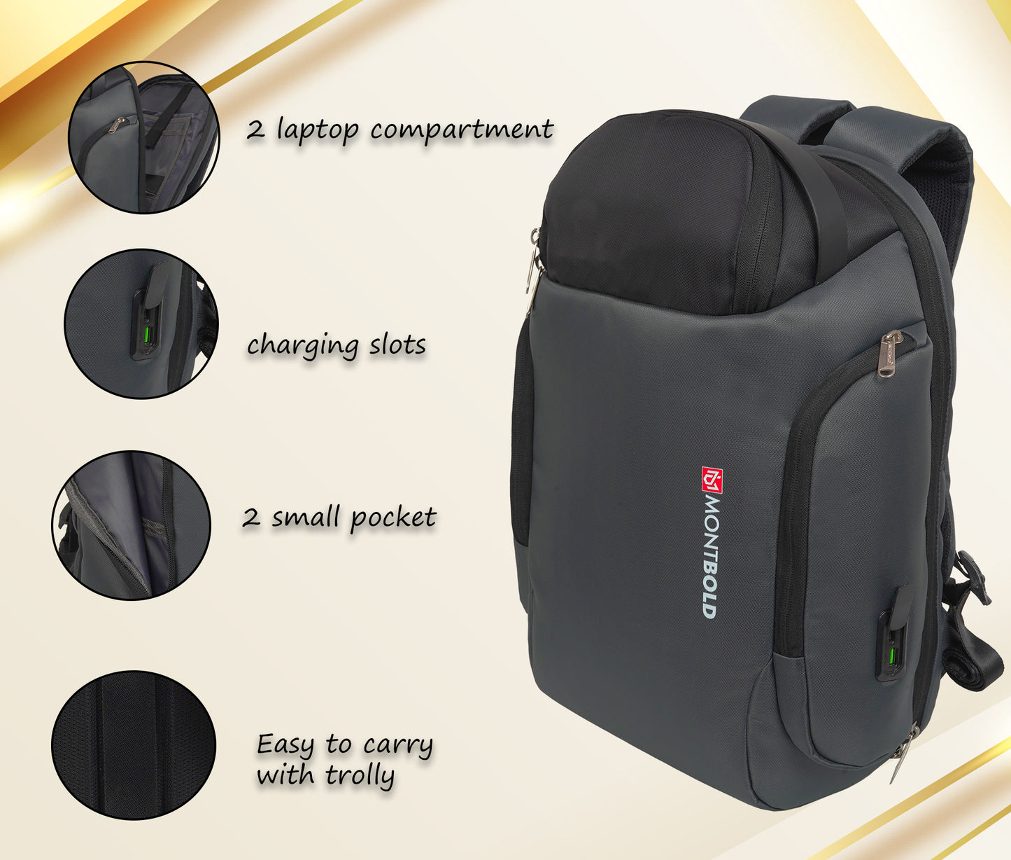 Montbold Black 15.6 inch Laptop Backpack with USB Charging Port (BP131) (9403180941614)